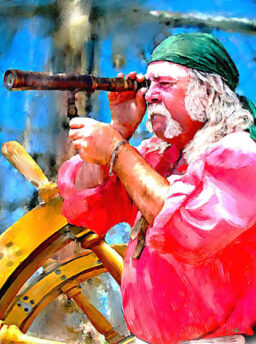 painted pirate looking through spyglass